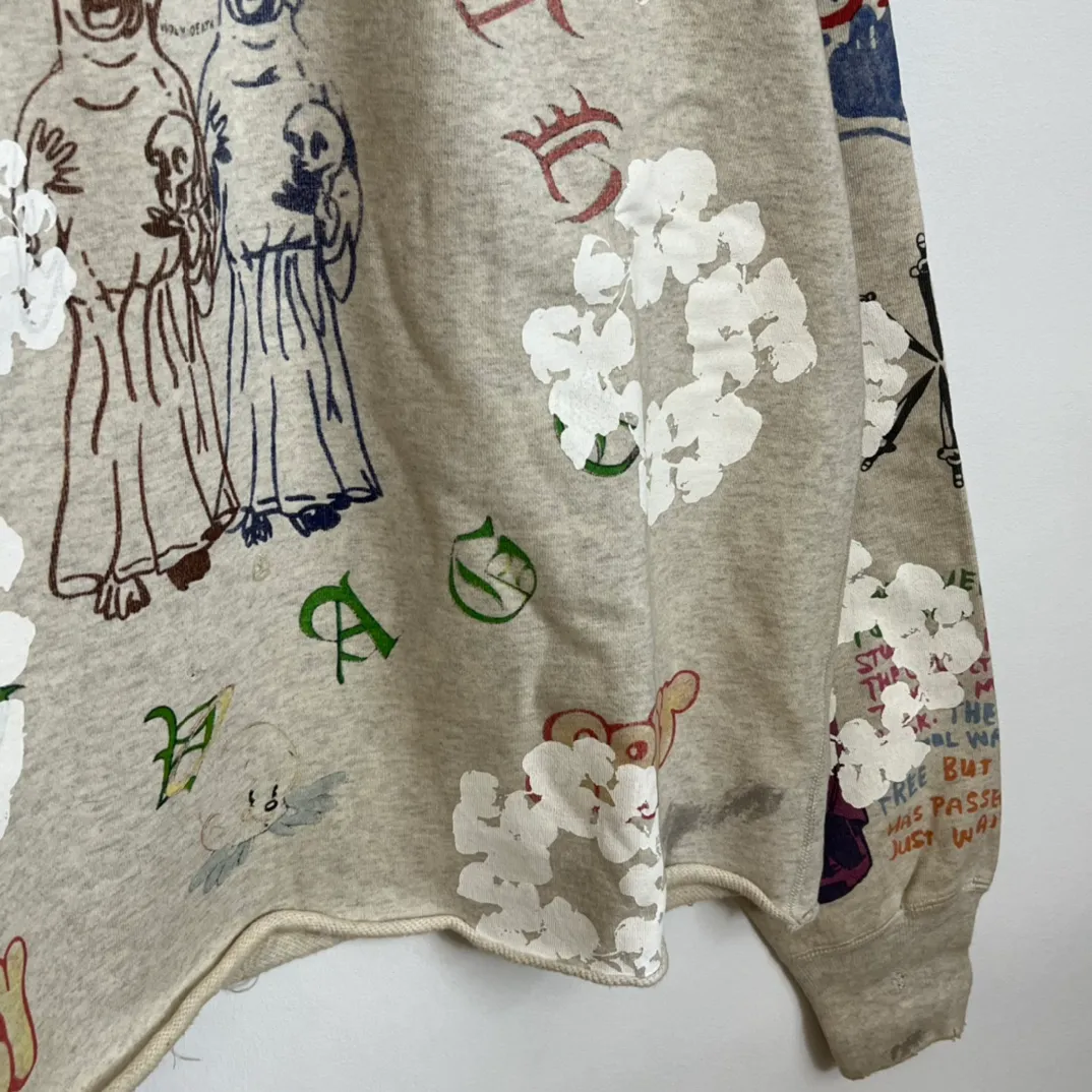 DENIM TEARS × ©SAINT M×××××× "SAINT TEARS" Graffiti Hoodie Joint Model Cotton Graffiti Hoodie Fully Printed Washed Distressed Holes Vintage Sweatshirt Gray S-XL Super Heavy Duty! The whole piece is printed with 35 screens and counterpoint printing!